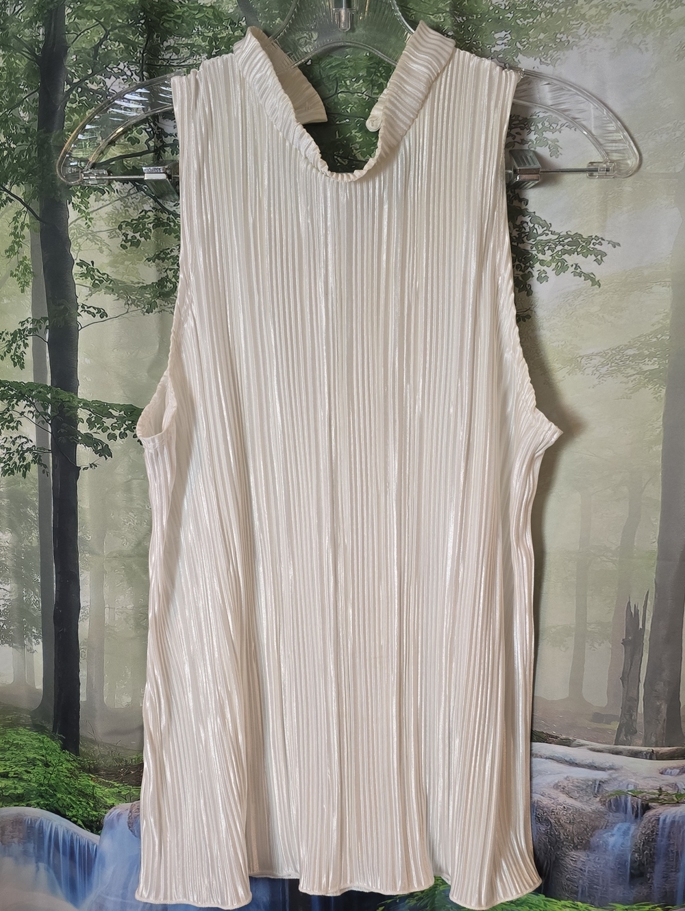 Cream Pleated Satin Blouse with Button Neck